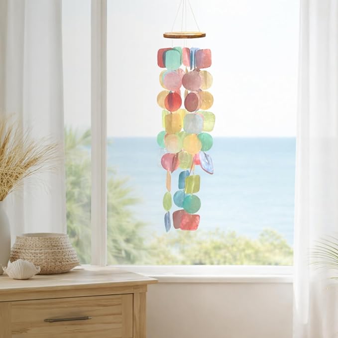 Solange & Frances Colorful Beachy Home Decor Wind Chimes for Outside. Capiz Shell Wind Chimes, Relaxing Beach Gift for Women, Gifts for Mom and Birthday Gifts for Women