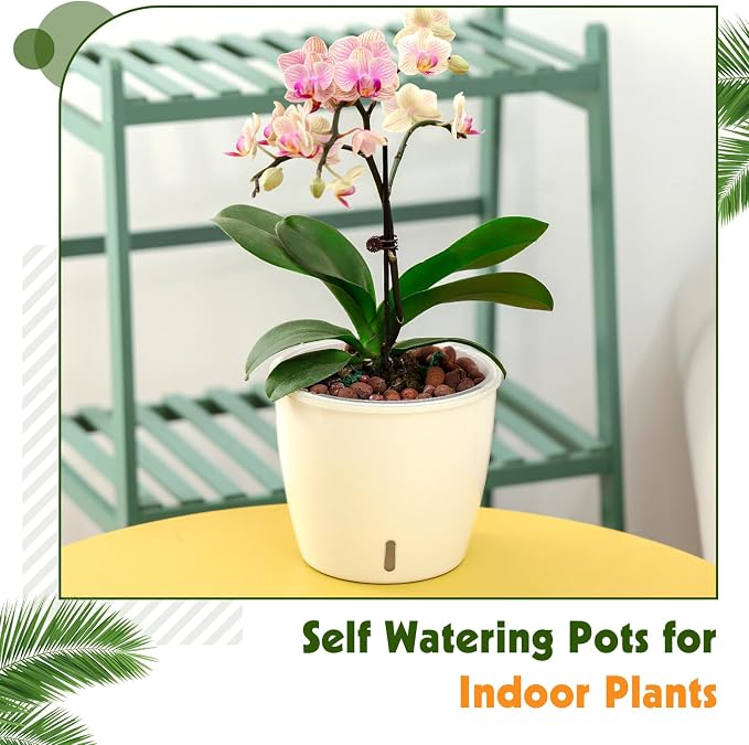Self-Watering Pots for Indoor Plants, 16-Pack Self Watering Planter with Drainage Holes, Small African Violet Pots with Water Indicator, 10-Pack 5''/6-Pack 6.7'' Orchid Pot, White