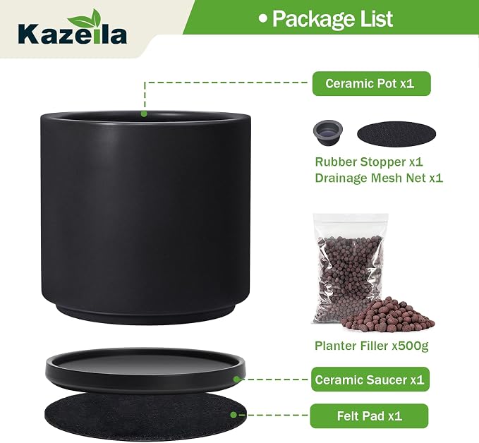 Kazeila 12 Inch Ceramic Planter Pot with Drainage Hole & Tray, Large Indoor Plant Pots, Modern Cylinder Flower Pot, Includes Mesh Net, Plug, Pads & 500g Clay Pebbles (Black, 12 Inch)