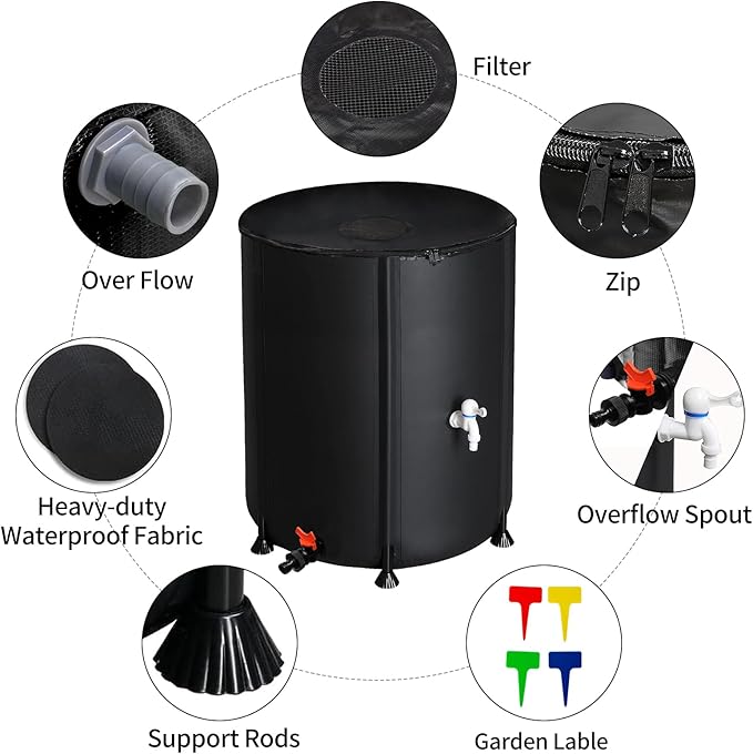 Collapsible Rain Barrel, 50 Gallon Portable Rainwater Collection System, Rain Catcher Barrel, Water Storage Tank with Two Spigots and Overflow Kit, Rain Water Barrel Collector for Garden, Black