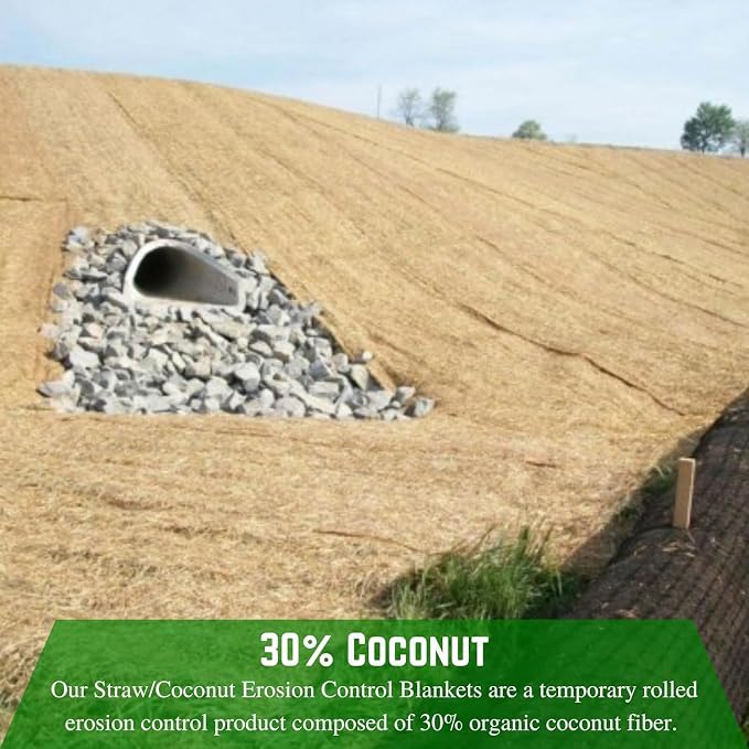Farm Plastic Supply - 100% Biodegradable Erosion Control Blanket - Straw/Coconut Straw Garden and Landscape Cover, Straw Blanket, Erosion Control (3' x 112.5')