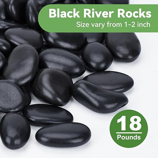 Pulovin 18lbs Decorative Stones, Black Pebbles for Landscaping, Plant Rocks for Pots Outdoor and Indoor, 1"-2" Polished River Rocks for Vase Filler, Garden Decor