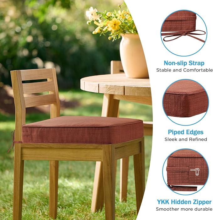 19 x 19 Inch Outdoor Chair Cushions with Tie Straps, Set of 4 Thick Water Repellent Square Patio Chair Pads for Garden Lawn Patio Furniture, Terra Cotta