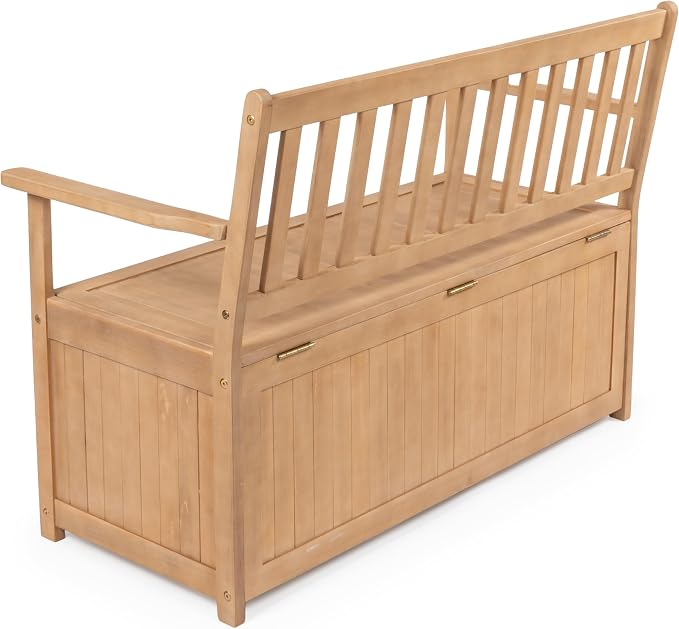 happimess STB1000A Sophie 48" Traditional Farmhouse Lift-Top Acacia Wood Storage & Entry Bench, Light Teak Matte Finish, with Seating & Armrest for Patio, Garden, Porch, Backyard, Poolside