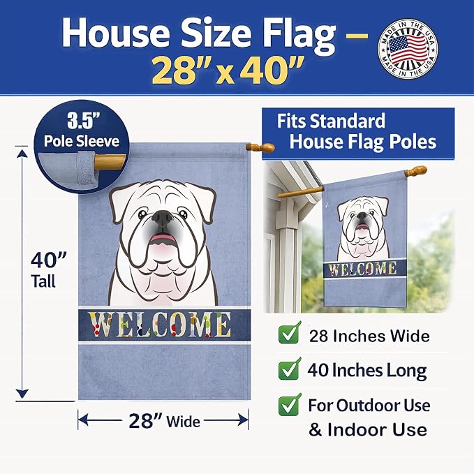 Caroline's Treasures BB1406CHF White English Bulldog Welcome House Flag, Blue Large Porch Sleeve Pole Decorative Outside Yard Banner Artwork Wall Hanging, Polyester, House Size, Multicolor