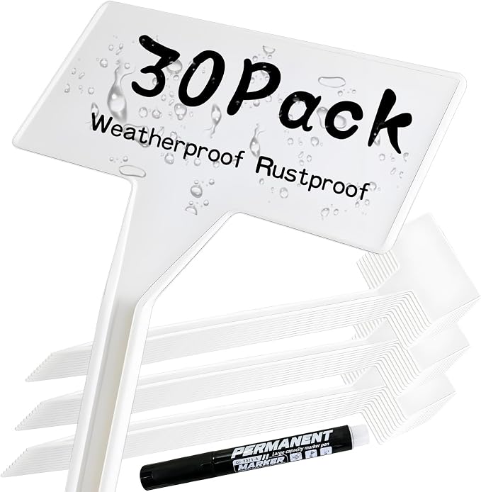 Mziart 30 Pack Large Plant Labels for Outdoor Garden Labels, Waterproof 12 Inch Tall T-Type Plastic Plant Tags Stakes Garden Markers for Herbs Flowers Vegetables, White
