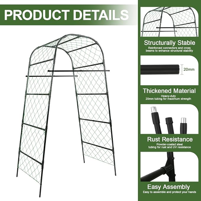 Extra Tall Garden Arch Trellis for Cucumber, Heavy-Duty Rust-Resistant Powder-Coated Steel, Vertical Support for Large Vining Vegetables (47”W x 79”H)