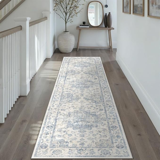 2x8 Blue Neutral Runner Rug | Washable, Non Slip, Soft Low Pile, Vintage Farmhouse, for Hallway Kitchen Laundry Bathroom Bedroom Living Room Home Decor