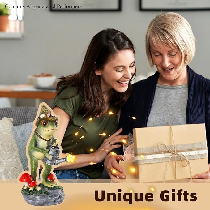 Solar Frog Statue for Garden with Watering Can Light 8.8" Resin Frog Figurine Outdoor Patio Porch Yard Decor Unique Birthday Housewarming Gifts for Women Mom Grandma Wife Sister