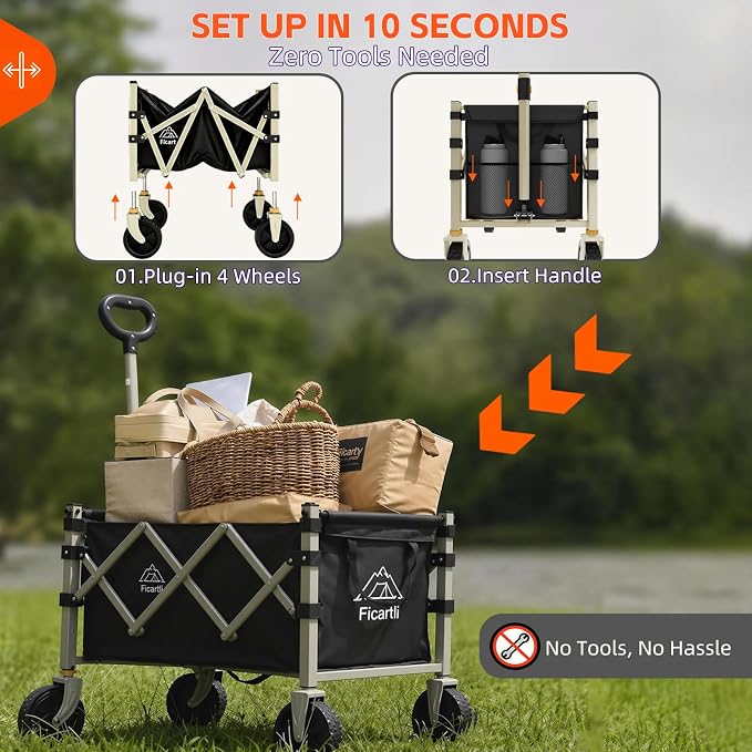 Collapsible Wagon 360LBS Heavy Duty Foldable Utility Cart | Beige Anti-Rust Frame, Black 600D Fabric Removable Liner, Tempered PU All-Terrain Wheels, Fold for Camping Garden Grocery
