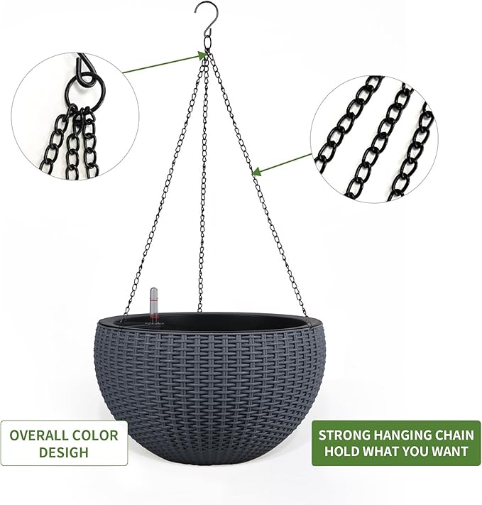 Dexceder 10.5 Inch Self Watering Hanging Planter (Gray) | Thickened Large Hanging Basket Flower Plant Pot with Water Level Indicator Indoor Outdoor