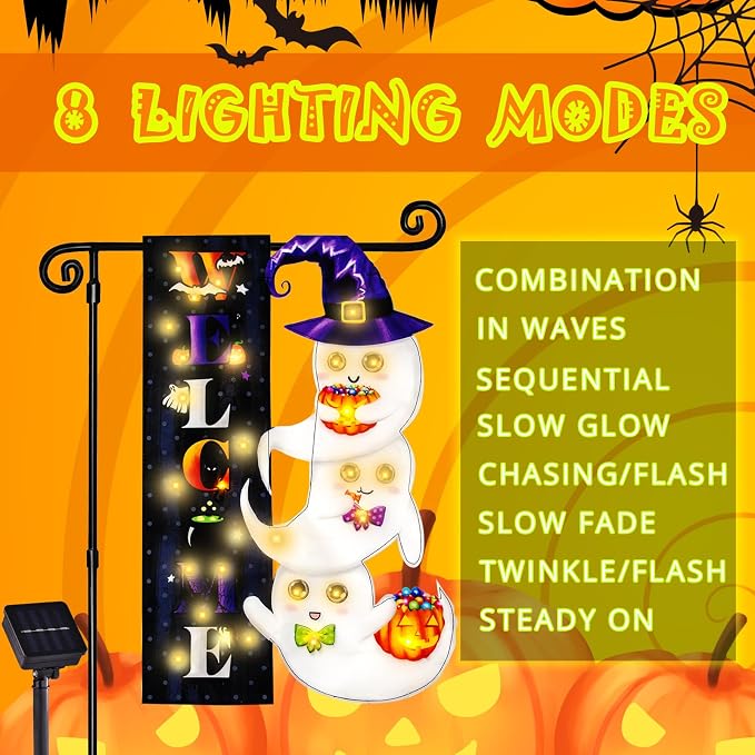Halloween Lighted Garden Flag, Solar Yard Flag for Outside, 8 Modes Double Sided Welcome Halloween Ghost Outdoor Decorations for Home Porch (Ghost-12x18)