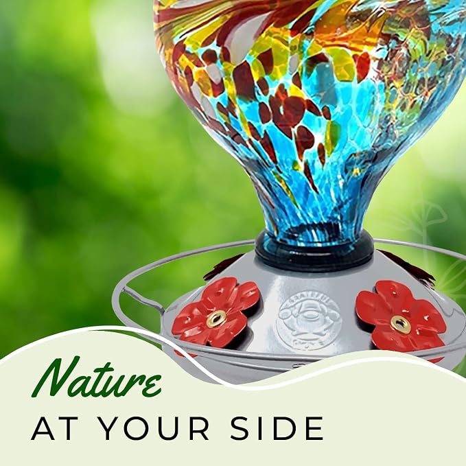 Hummingbird Feeder by Grateful Gnome - Large Hand Blown Stained Glass Feeder for Garden, Patio, Outdoors, Window with Accessories S-Hook, Ant Moat, Brush - 36fl oz, Large Blue Egg Design