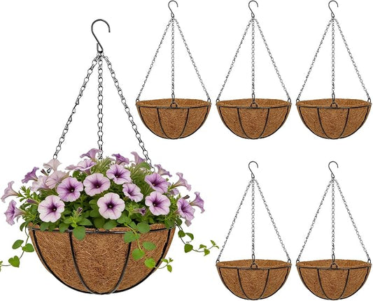 10 Inch Metal Hanging Basket with Coco Coir Liner for Flowers Planting, 6 Pack Hanging Baskets for Plants Outdoor, Round Wire Planters with Chain for Home Patio Porch Balcony Garden Decor