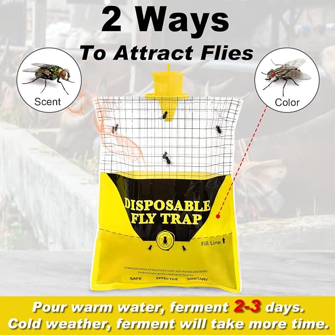 Outdoor Fly Traps for Patio, 8 Pack Pre-Baited Big Fly Bags Outdoor Disposable, Hanging Fly Catcher Hunter Stable Horse Ranch Control Repellent Killer for Barn, Farm