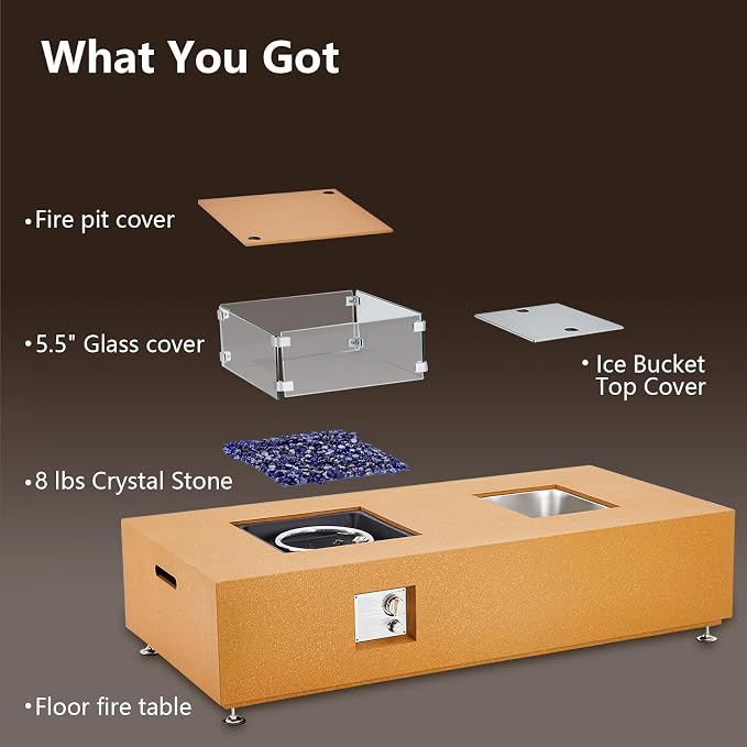 GarveeLife 56" Propane Fire Pit Table with Ice Bucket，50000BTU Fire Table with 13" Square Drink Ice Bucket Wind Guard, Fire Glass Beads & CSA Safety Certified Outdoor Firepit for Patio Garden(Orange)