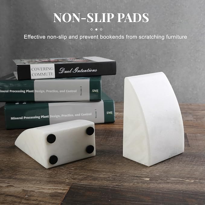 Koville Marble Bookends for Shelves, Large Bookends for Heavy Books, Natural Stone Book Stopper for Books CD Movies, Aesthetic Decorative Book Ends (White)