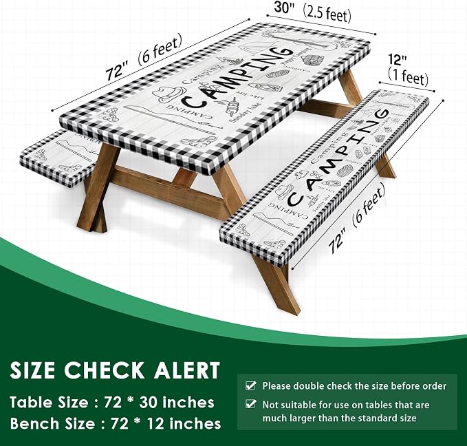 Picnic Table Cover with Bench Covers Elastic Edges, Farm Plaid Fitted Table Cover, Outdoor Patio Camping Essentials 72 Inch 3PCS, Waterproof Camping Fitted Tablecloth with Drawstring Bag