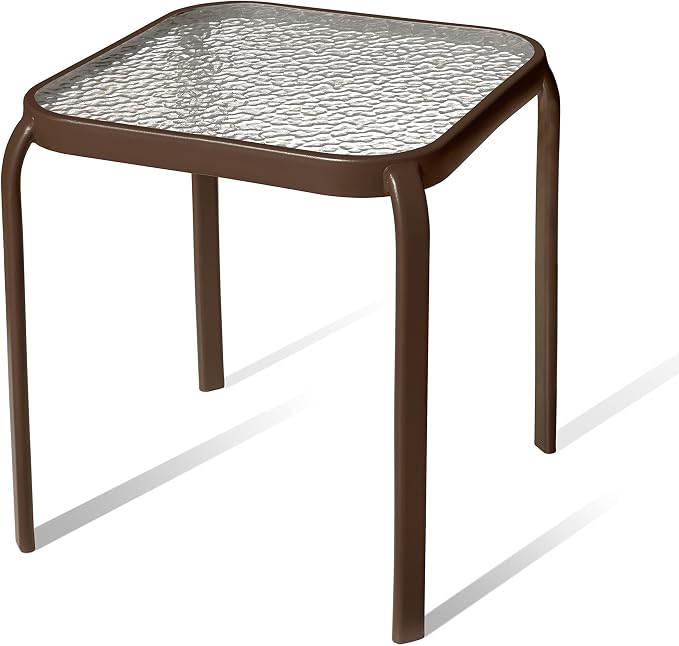 Bronze Metal Outdoor Side Table with Tempered Glass Top – Elegant Small 16" Square Patio Table – Durable Weather-Resistant Coffee Bistro Accent End Table for Outside and Garden
