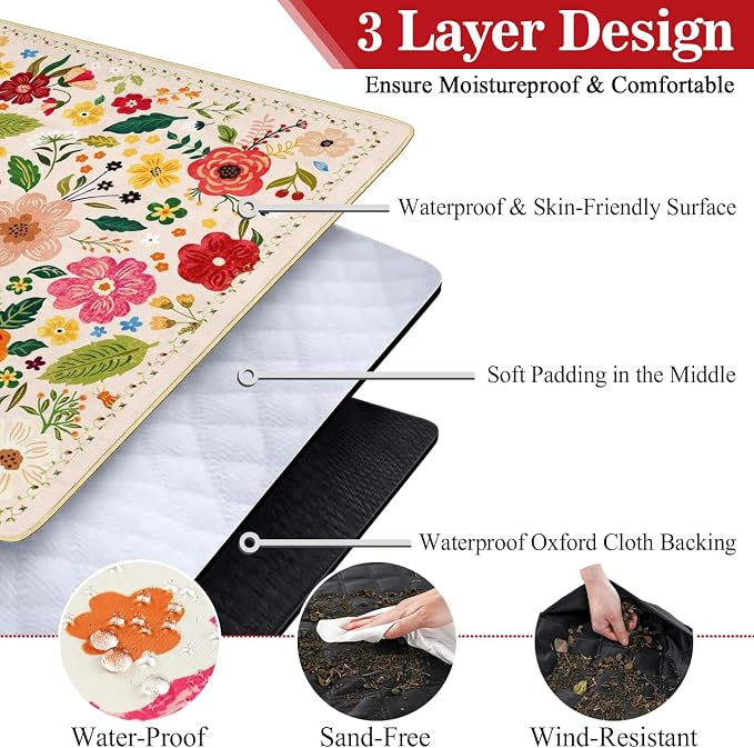 Picnic Blankets Waterproof Foldable Extra Large,80"x 80" Outdoor Beach Blanket Sandproof,3-Layer Lightweight Handy Mat Tote Picnic Camping Rugs for Outside Your Rv (Boho Vintage Floral)