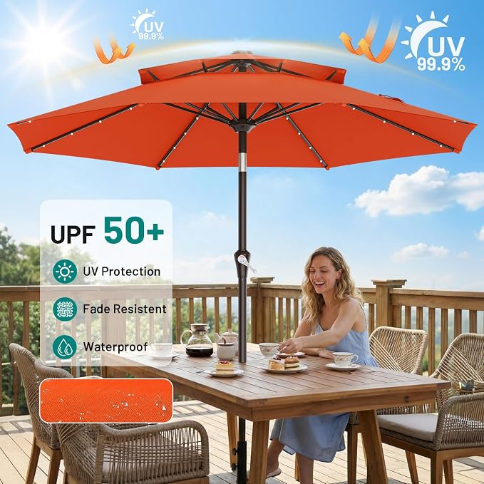 AreShark 9ft 2 Tiers Patio Umbrella with Solar Lights, Outdoor Umbrella w/ 32 LED Lights&8 Sturdy Ribs, Table Umbrella for Deck, Backyard, Pool(Orange)