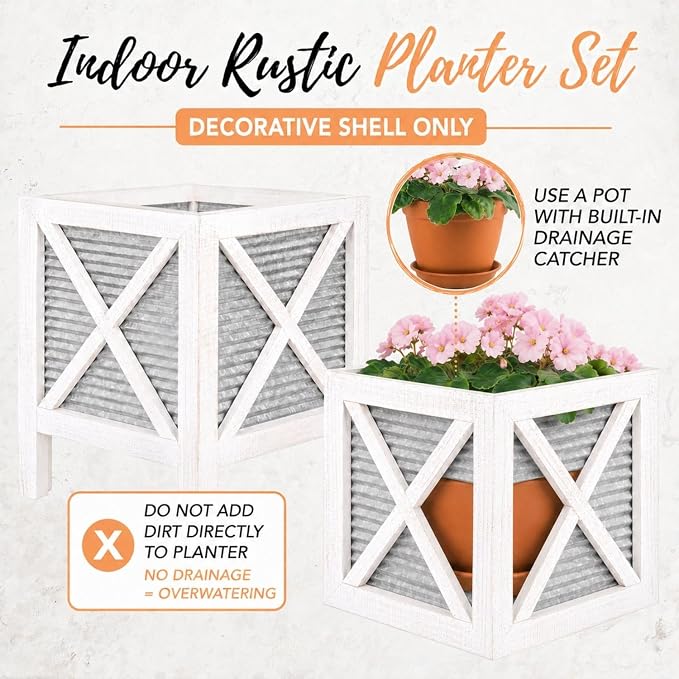 Autumn Alley Farmhouse Front Porch Planters Set of 2 Stand with Galvanized Corrugated Metal Planter for Outdoors/Indoors - Rustic Wood Square Planters Box on Legs – Charming Farmhouse Décor, White