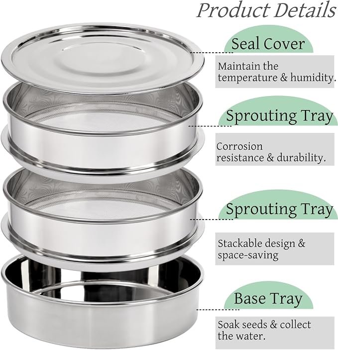 Tlence 9" Stackable Stainless Steel Seed Sprouting Kit, 3-Tier Mesh Germination Tray, Seed Sprout Grower with Lid Base, Microgreens Propagator for Beans Peas Broccoli Wheat Grass, Soil Free