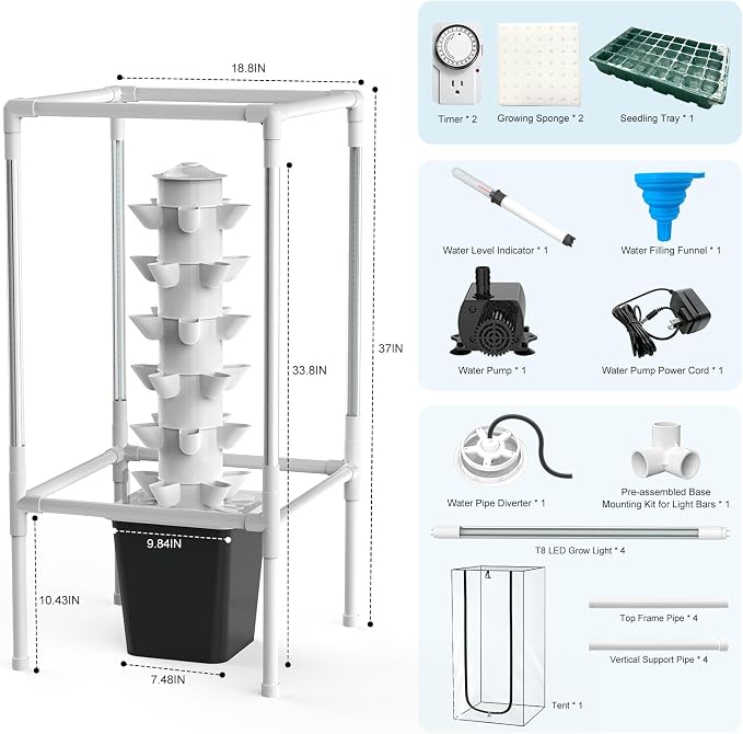 JESLED 6 Tiers Hydroponics Growing System Kits with LED Grow Lights,Tent | Dual Auto Timers Indoor Vertical Hydroponic Tower with Water Tank, Pump and Humidity Cover for Home Kitchen, Class, 30Pods