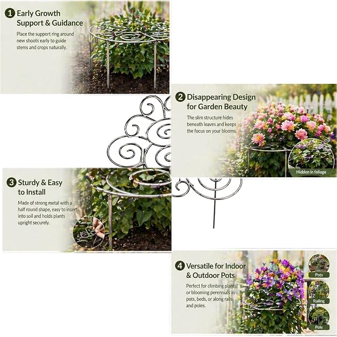 Metal Plant Support Ring for Garden, Heavy-Duty Peony & Dahlia Cage, Stackable Flower Support for Indoor & Outdoor Plants, Decorative Grow-Through Ring, Orchid Clip
