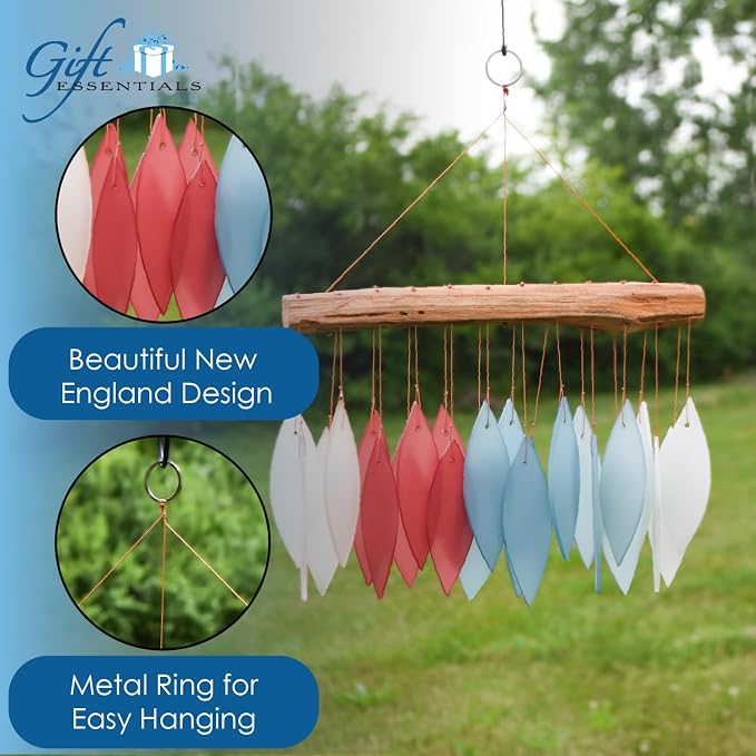 Blue Handworks New England Harbor Glass Chime | Sandblasted Glass and Found Wood Handcrafted Wind Chime