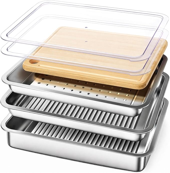 Grilling Prep and Serve Trays, Stainless Steel Large Capacity Food Prep Tray, Grill Carry System, Marinade Container with Lid and Cutting Board, BBQ Grill Accessories, Grilling Gifts for Men