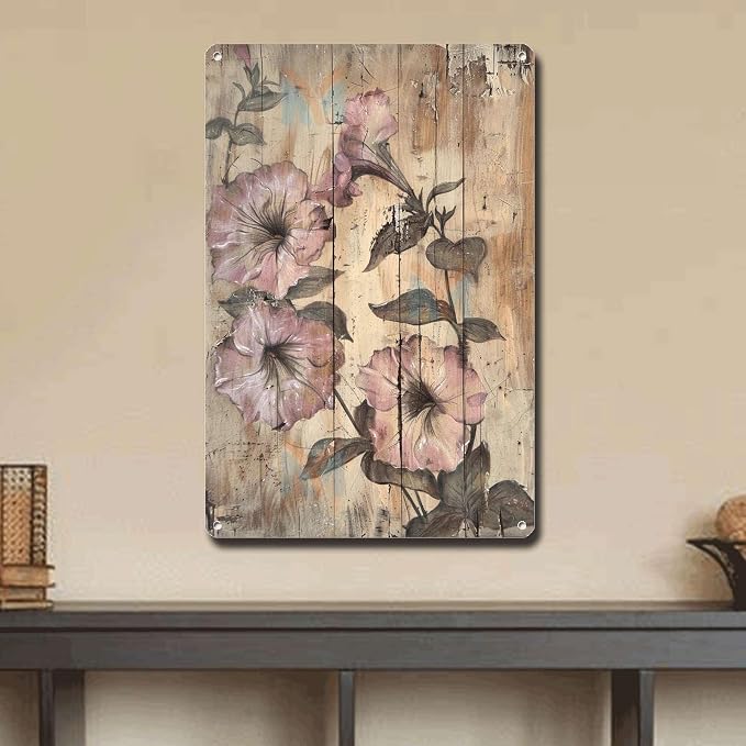 Metal Sign Tin Sign Vintage Wall Art Antique Artist's Vision Petunias Tin Sign for Rustic Wall Decor Distressed Wood Surfaces and Weat Metal Garden Sign for Room 12×16 Inches