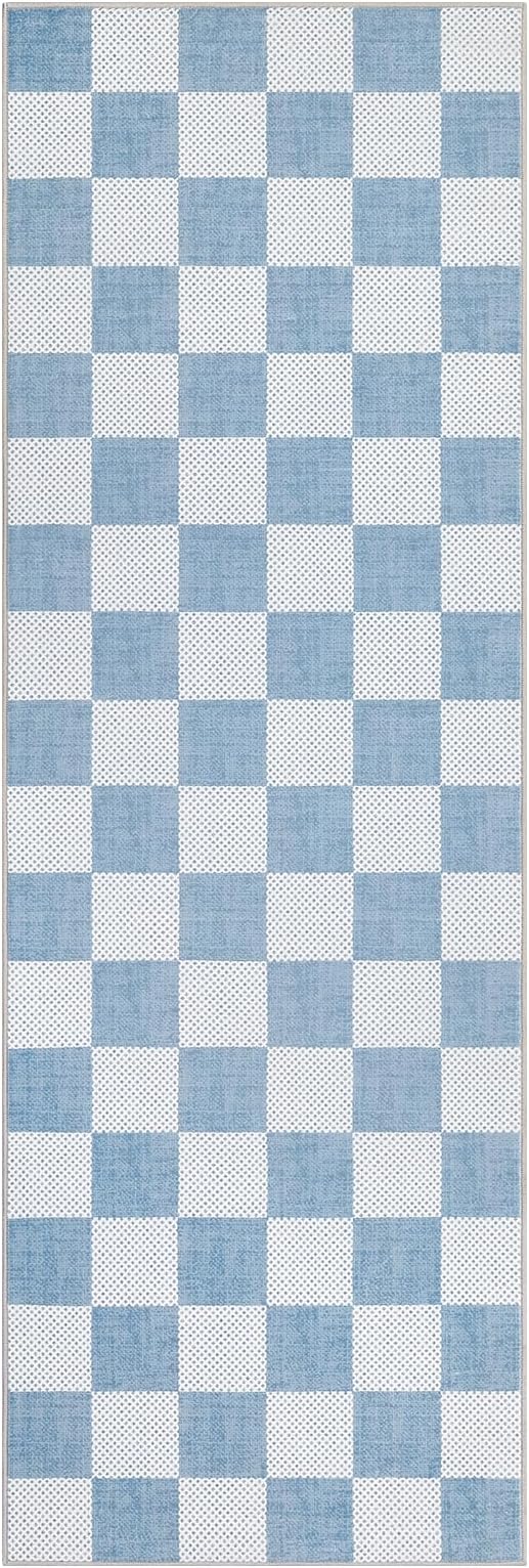 GarveeHome Checkered Blue 2x6 Washable Kitchen Runner Rug Low-Pile Entryway | Light Blue Small Area Rug for Hallway Bedroom Bathroom Non-Slip Stain Resistant Geometric Rugs TPE Backing