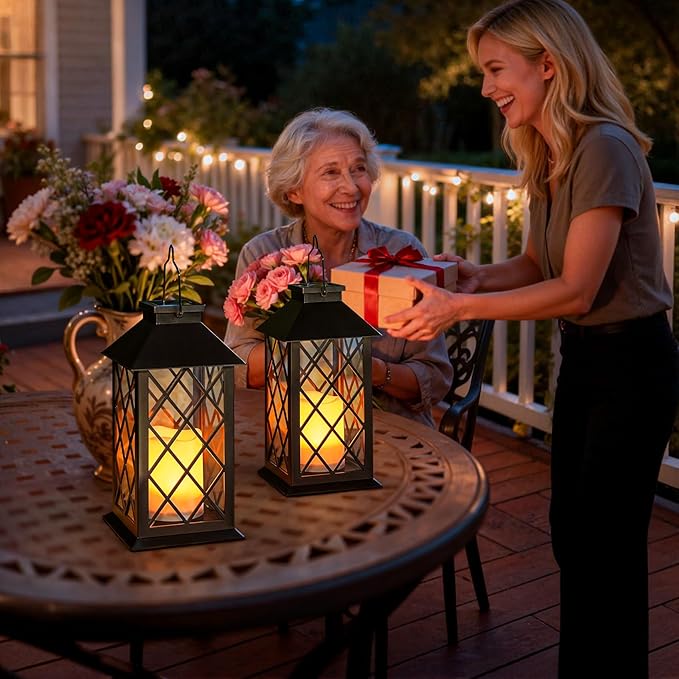 TAKE ME 14" Solar Lanterns Outdoor Waterproof Garden Lanterns Large Flickering Flameless Candle Mission Lights for Table,Outdoor Christams Gifts ( 2 Packs Bronze Color) (Pack 2 Black)