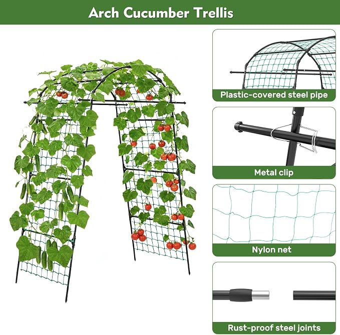 DOEWORKS 86 Inch Tall Garden Arch Trellis for Climbing Plants Outdoor,Tall Metal Garden Tunnel Trellises Archway for Climbing Vine、Vegetable、Fruit、Flower、Squash Arbors，Garden Arches Support Structure