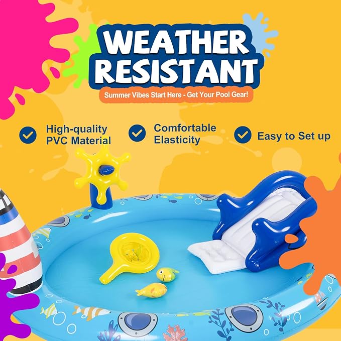 DIMAR GARDEN Inflatable Kids Swimming Pool Water Slide, Round Spray Pool Play Center, Blue