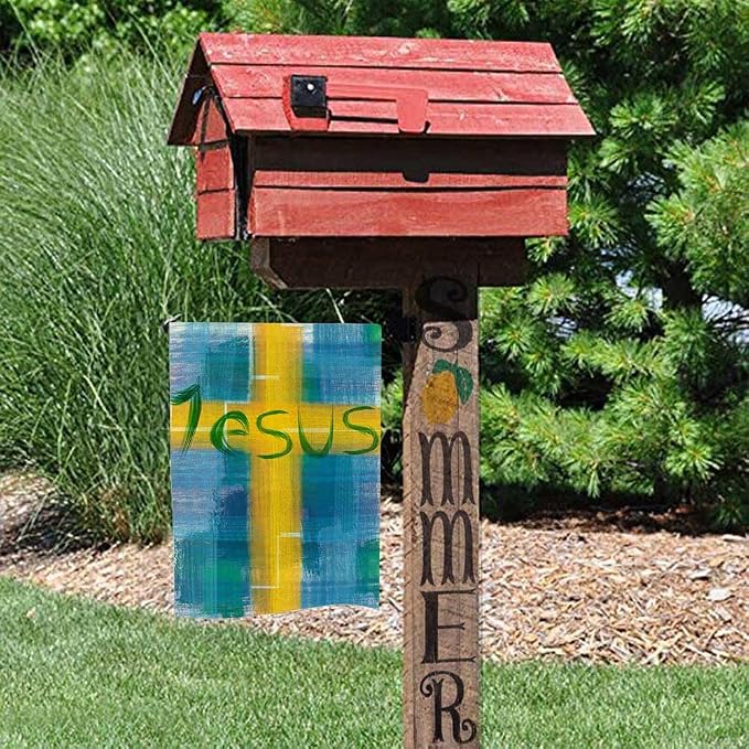 EMMTEEY Easter Garden Flag Double Sided 12.5X18 Inch Yard Decor Garden Flags Jesus Lettering Design Housewarming Modern Blue Yellow Outdoor Garden Flag