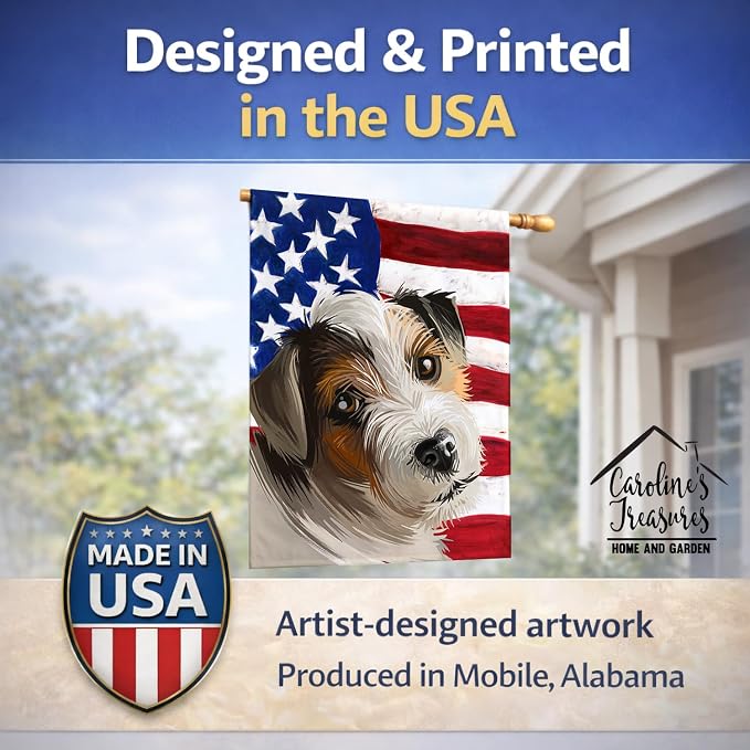 Caroline's Treasures CK6637CHF Parson Russell Terrier American Flag House Flag Large Porch Sleeve Pole Decorative Outside Yard Banner Artwork Wall Hanging, Polyester, House Size, Multicolor