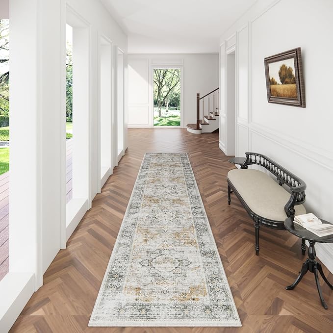 Runners for Hallway Kitchen Runner Rugs: 2'x 10' Washable Runner Rug Boho Non Slip Long Floor Rug with Rubber Backing Faux Wool Vintage Carpet Runners for Entryway Indoor Foyer Bedroom Living Room