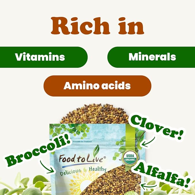 Food to Live - Organic Antioxidant Mix of Sprouting Seeds, 10 Pounds - Non-GMO Broccoli, Alfalfa, Clover, Rich Germination Rate, Non-Irradiated, Kosher