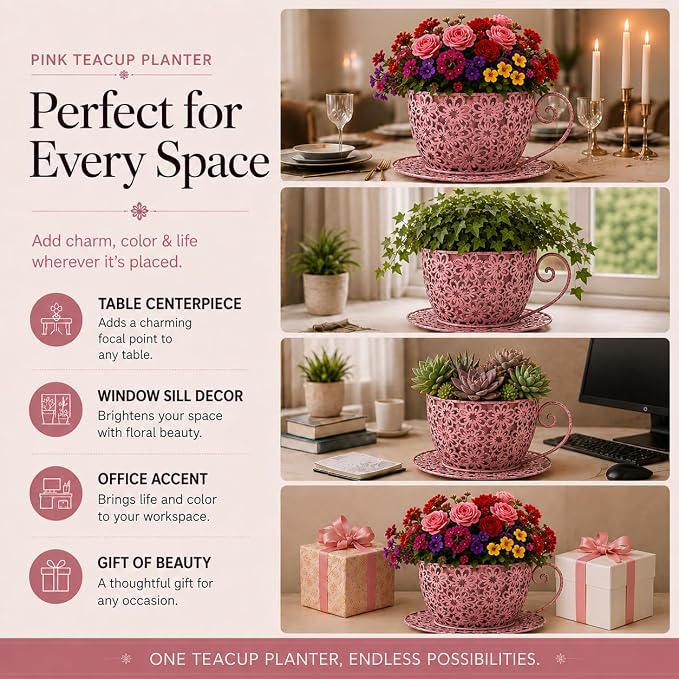12 Inch Antique Metal Teacup Planter for Outdoor Plants Teapot Planter Floral Hollow Out Decorative Rustic Iron Flower Pot for Summer Garden Patio Home Decor (Vintage Rose)
