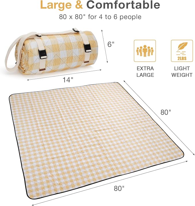 WILLOW WEAVE Picnic Blanket, 80''x80'' Waterproof Outdoor Blankets, Picnic Mat Washable for Beach, Picnic Blankets for Camping on Grass with Shoulder Strap - Yellow & White