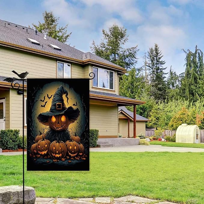 EMMTEEY Halloween Garden Flag Scary Halloween 12.5X18 Double-Sided, Seasonal Yard Flags Pumpkin Bats Small Burlap Garden Flags for Outside Front/Back Door