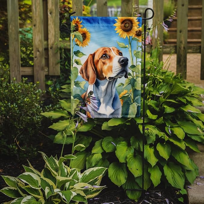 Caroline's Treasures DAC6074GF English Foxhound in Sunflowers Garden Flag Mailbox Flag Decorative Yard Flag Banner Outside Patio Artwork Yard Flower Beds, Garden Size, Multicolor