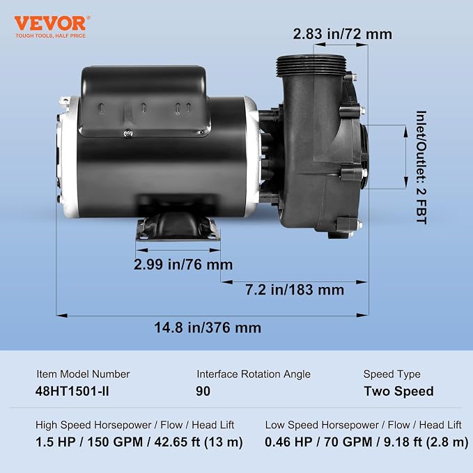 VEVOR 2 Speed SPA Pump, 48-Frame, AC 110-120V Hot Tub SPA Pump, 1.5 HP / 150 GPM / 42.65 ft High Speed or 0.46 HP / 70 GPM / 9.18 ft Low Speed, 2'' Port 90° Rotational Interface for Hot Tub