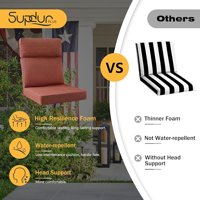 Outdoor High Back Chair Cushion, 2 Pack 44x21 inches Patio Chair Cushions Water Repellent Rocking Cushions Indoor Furniture Seat Pad, Dark Yellow Tan Stripe