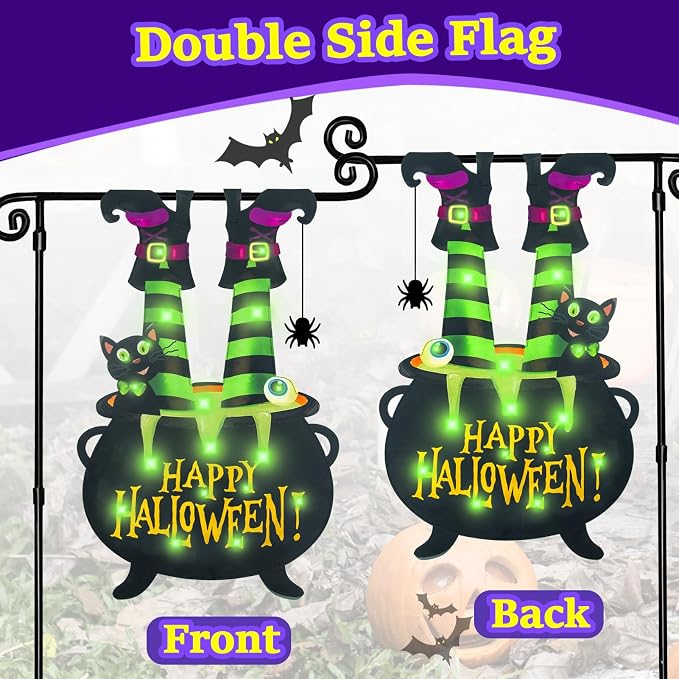 Halloween Lighted Garden Flag for Outside, Led Solar Yard Flag 8 Modes Witch Feet Shape Flag, 28x40 Double Sided Cauldron Eyeball Black Cat Decorations for Home Porch