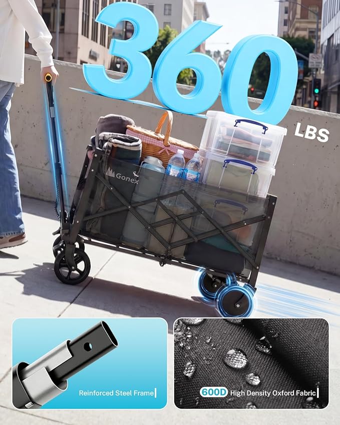 Gonex Electric Wagon Cart with Smart Handlebar 360lbs Heavy Duty Motorized Utility Wagon for Camping Gardening 200L Collapsible Foldable Grocery Cart with Silent Hub Motor Magnetic Brake Black