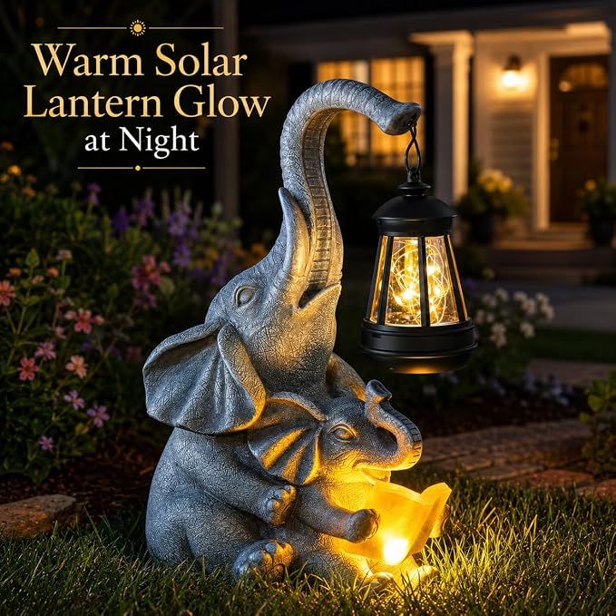 Candieslife Solar Elephant Garden Statue with Lantern, Outdoor Resin Elephant Figurine Lights for Yard Patio Porch Lawn, Weather-Resistant Garden Decor Sculpture, Gifts for Mom Women Grandma