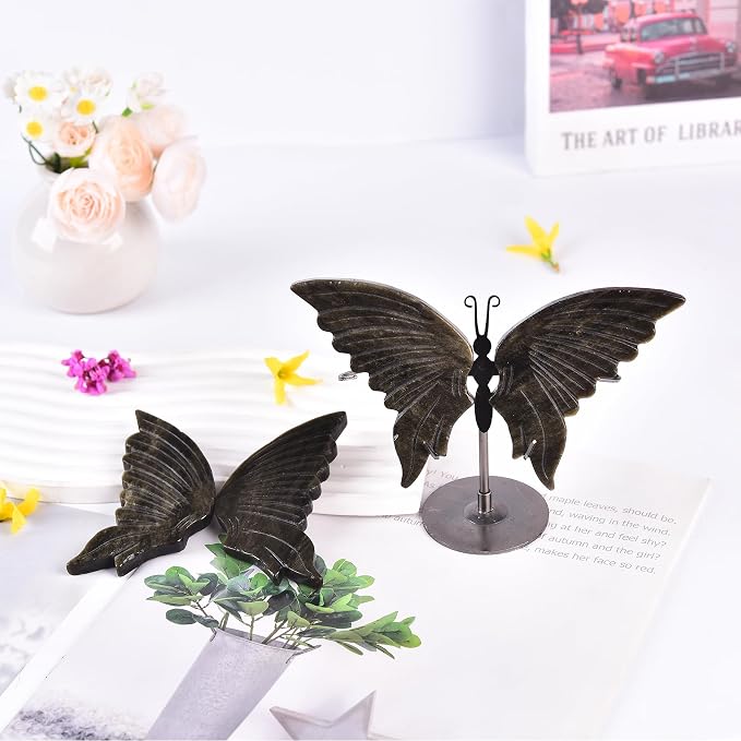 JIC Gem Natural Golden Obsidian Crystals Butterfly Decorative Rocks Stones Healing Crystal Carved Angel Wings Figurine with Display Decor Reiki Gifts (1pair, 10cm)